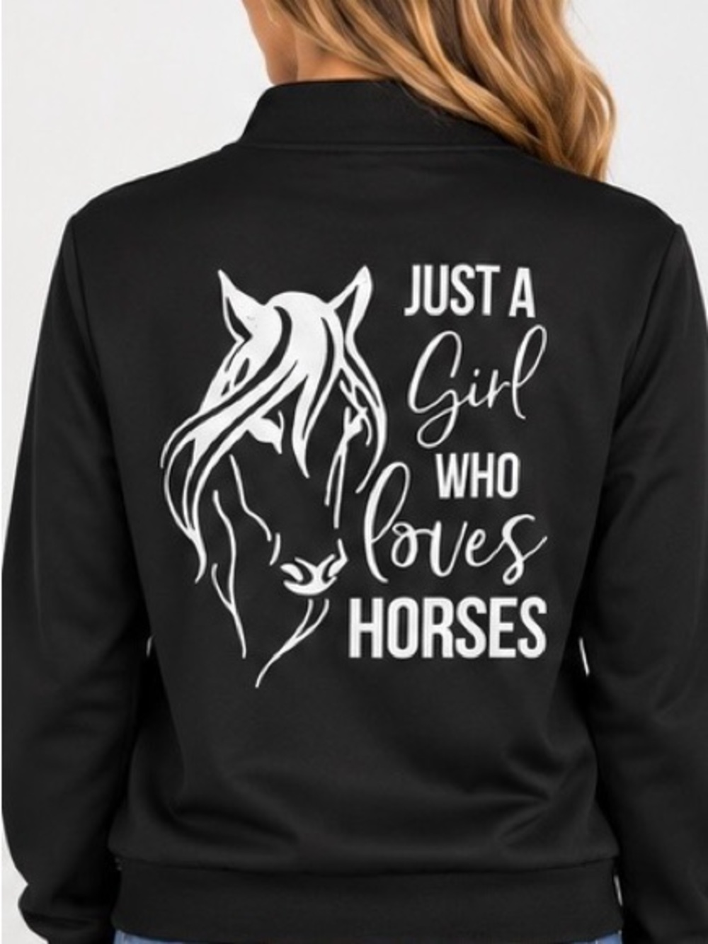 NWOT Women’s Horse Lover Bomber Jacket Black Equestrian Graphic Full Zip Size M